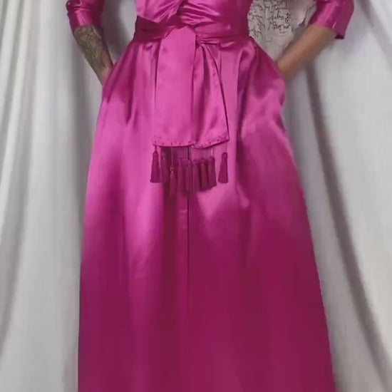 Vintage 1950's Hostess Dress - Hot Pink Rayon Satin with Tasseled Sash Tie - Size XS, S