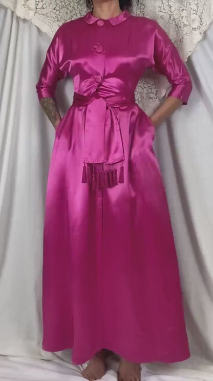 Vintage 1950's Hostess Dress - Hot Pink Rayon Satin with Tasseled Sash Tie - Size XS, S