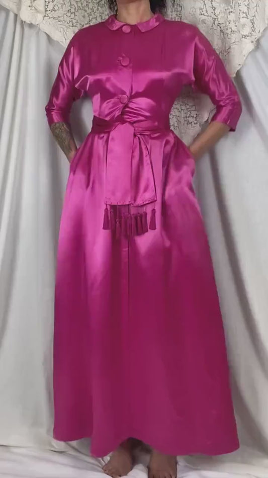 Vintage 1950's Hostess Dress - Hot Pink Rayon Satin with Tasseled Sash Tie - Size XS, S