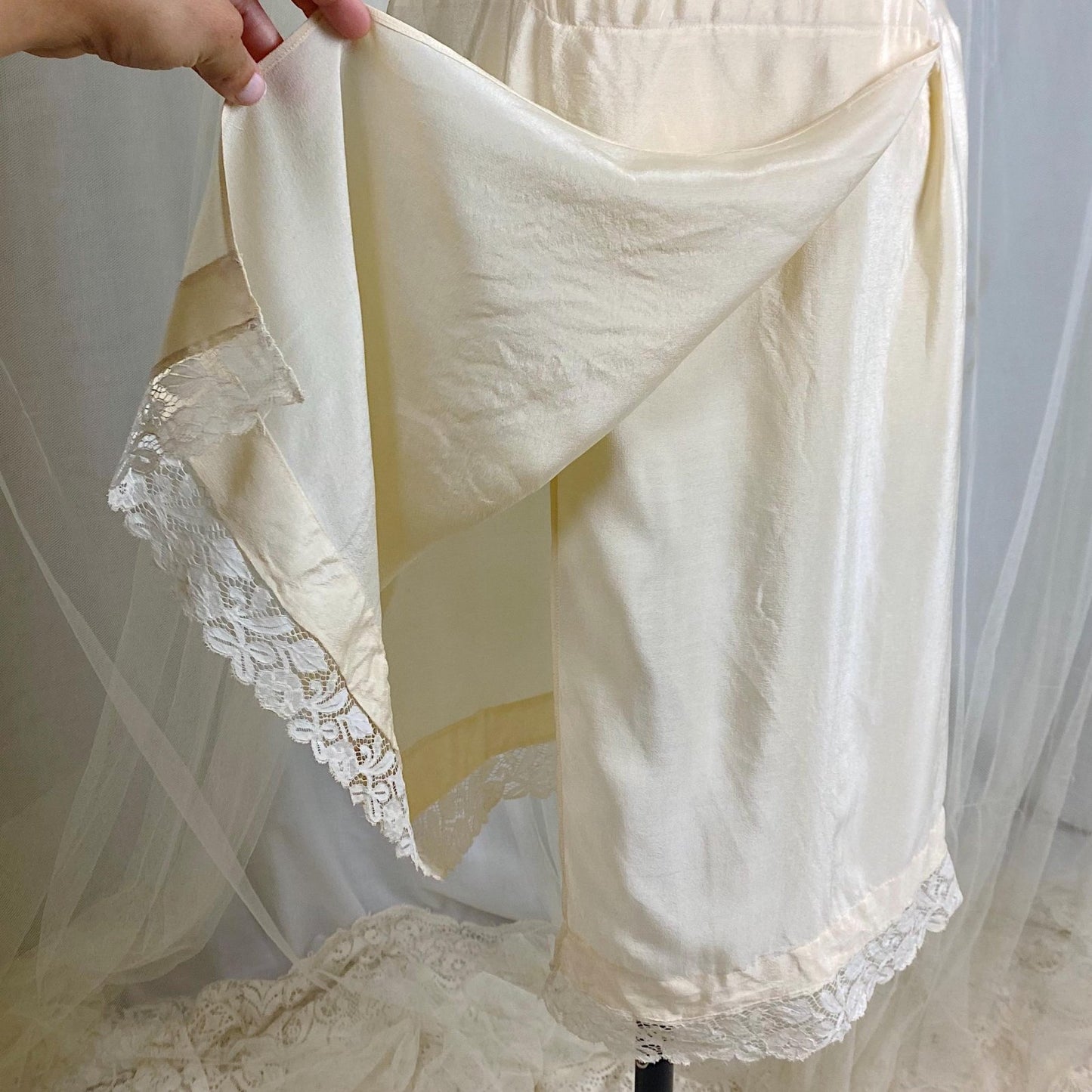 Vintage 1910's - 1920's Chemise - Ivory Silk with Floral Cotton Lace & Pink Silk Ribbon Floral Adornment - Size S, M - Daggers & Dames
