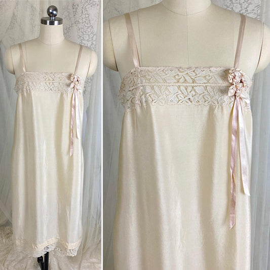 Vintage 1910's - 1920's Chemise - Ivory Silk with Floral Cotton Lace & Pink Silk Ribbon Floral Adornment - Size S, M - Daggers & Dames