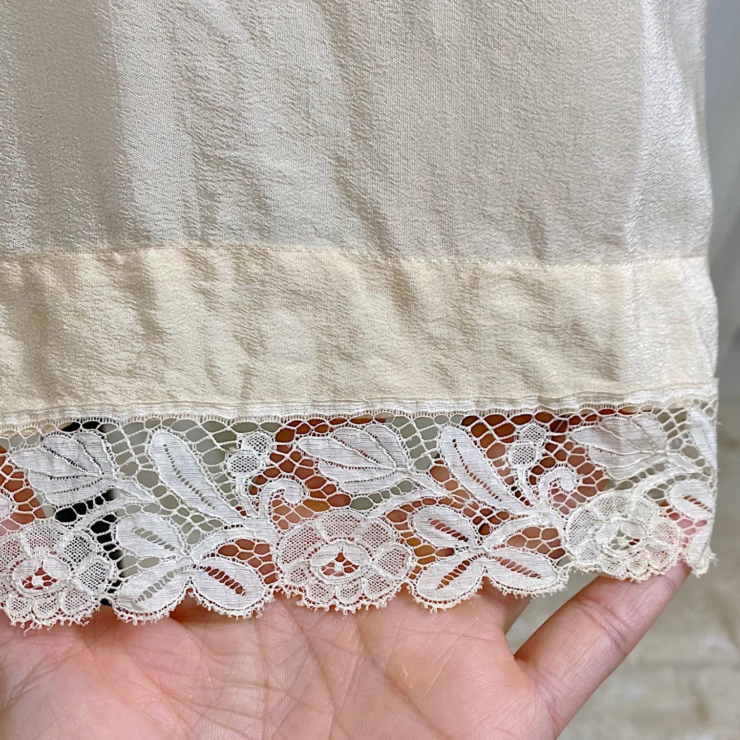 Vintage 1910's - 1920's Chemise - Ivory Silk with Floral Cotton Lace & Pink Silk Ribbon Floral Adornment - Size S, M - Daggers & Dames