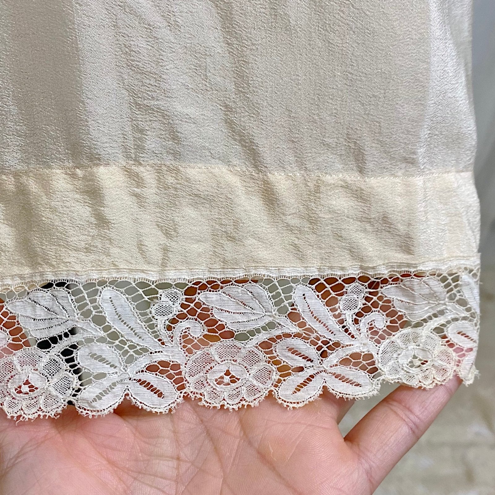 Vintage 1910's - 1920's Chemise - Ivory Silk with Floral Cotton Lace & Pink Silk Ribbon Floral Adornment - Size S, M - Daggers & Dames