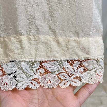 Vintage 1910's - 1920's Chemise - Ivory Silk with Floral Cotton Lace & Pink Silk Ribbon Floral Adornment - Size S, M - Daggers & Dames