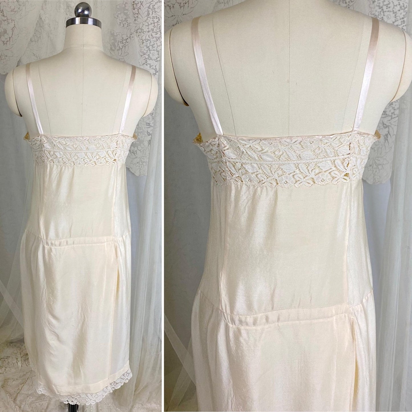 Vintage 1910's - 1920's Chemise - Ivory Silk with Floral Cotton Lace & Pink Silk Ribbon Floral Adornment - Size S, M - Daggers & Dames