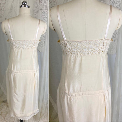 Vintage 1910's - 1920's Chemise - Ivory Silk with Floral Cotton Lace & Pink Silk Ribbon Floral Adornment - Size S, M - Daggers & Dames