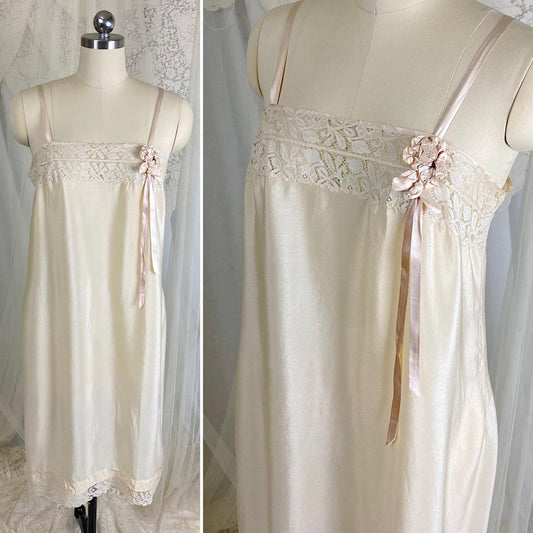 Vintage 1910's - 1920's Chemise - Ivory Silk with Floral Cotton Lace & Pink Silk Ribbon Floral Adornment - Size S, M - Daggers & Dames