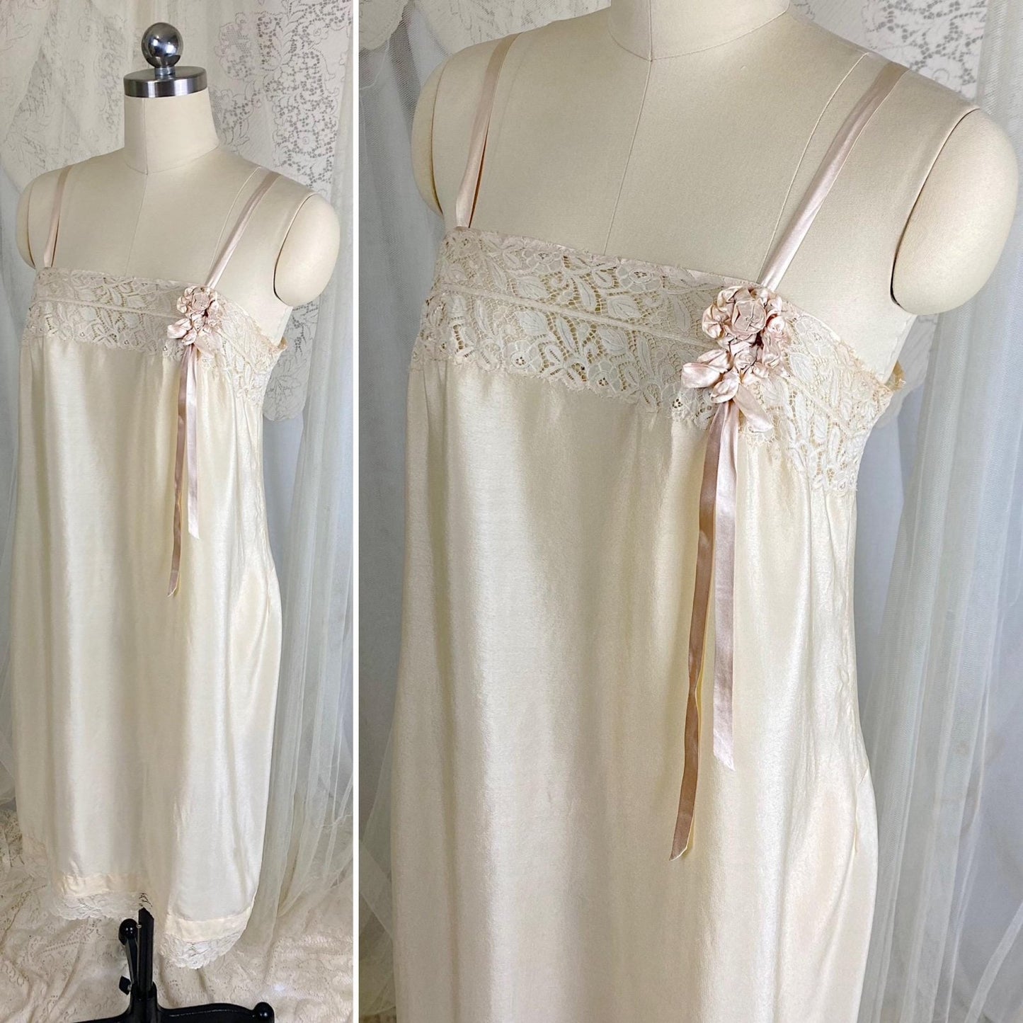 Vintage 1910's - 1920's Chemise - Ivory Silk with Floral Cotton Lace & Pink Silk Ribbon Floral Adornment - Size S, M - Daggers & Dames
