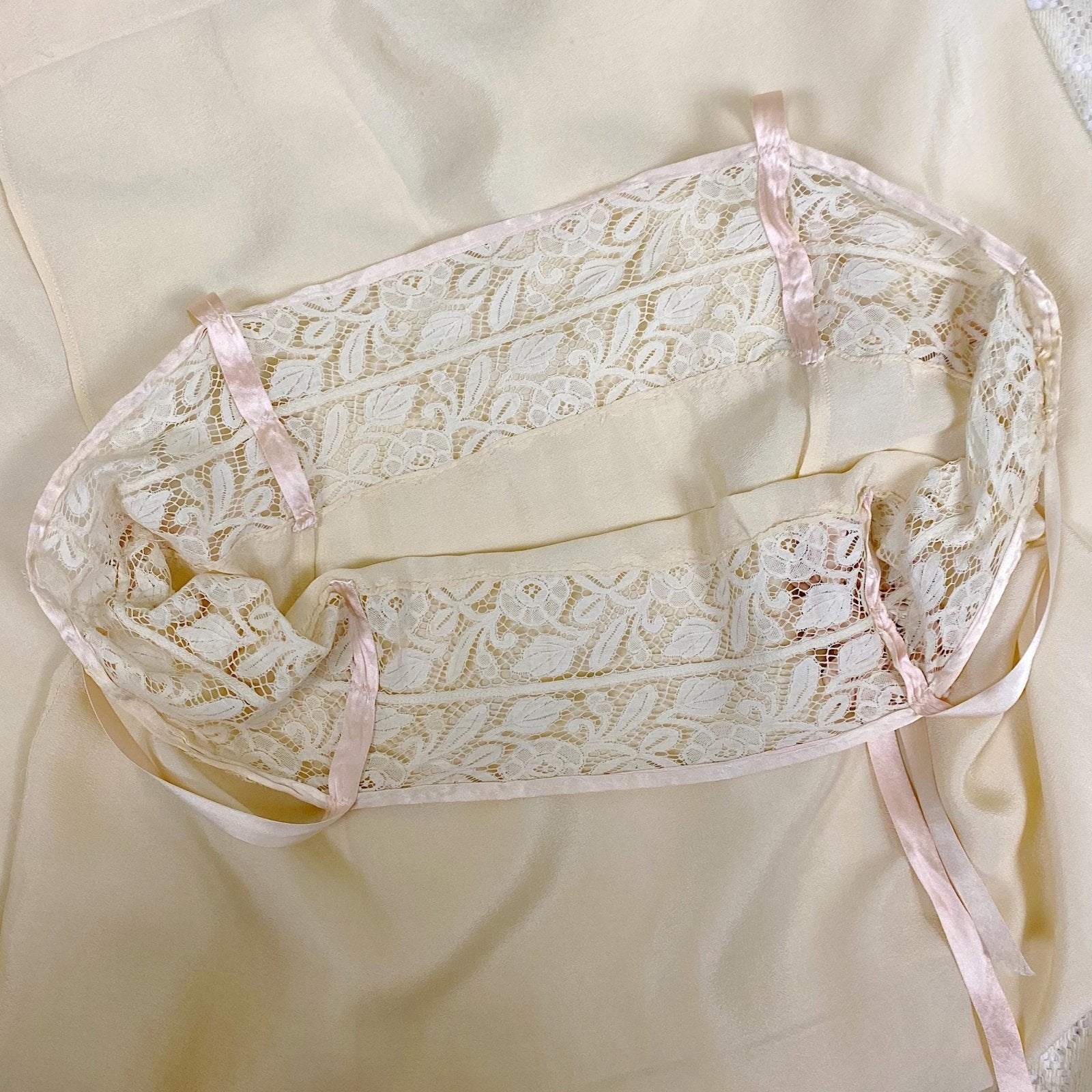Vintage 1910's - 1920's Chemise - Ivory Silk with Floral Cotton Lace & Pink Silk Ribbon Floral Adornment - Size S, M - Daggers & Dames