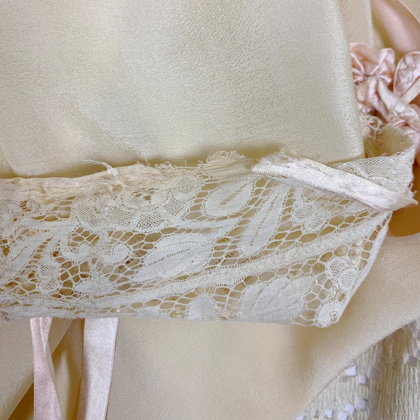 Vintage 1910's - 1920's Chemise - Ivory Silk with Floral Cotton Lace & Pink Silk Ribbon Floral Adornment - Size S, M - Daggers & Dames