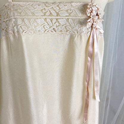 Vintage 1910's - 1920's Chemise - Ivory Silk with Floral Cotton Lace & Pink Silk Ribbon Floral Adornment - Size S, M - Daggers & Dames