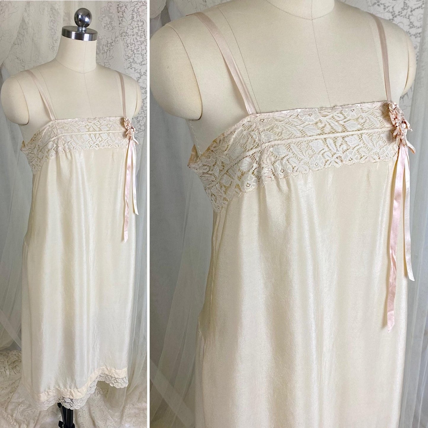 Vintage 1910's - 1920's Chemise - Ivory Silk with Floral Cotton Lace & Pink Silk Ribbon Floral Adornment - Size S, M - Daggers & Dames