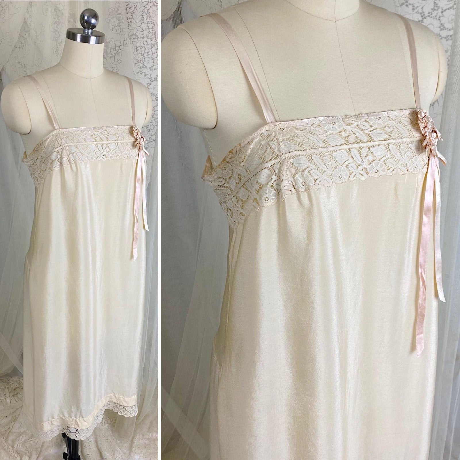 Vintage 1910's - 1920's Chemise - Ivory Silk with Floral Cotton Lace & Pink Silk Ribbon Floral Adornment - Size S, M - Daggers & Dames