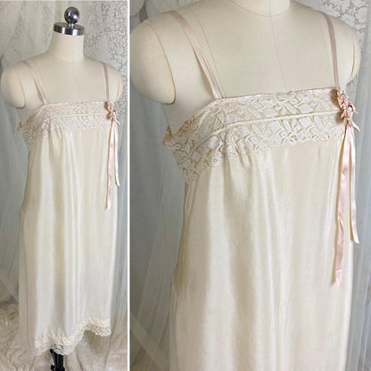 Vintage 1910's - 1920's Chemise - Ivory Silk with Floral Cotton Lace & Pink Silk Ribbon Floral Adornment - Size S, M - Daggers & Dames