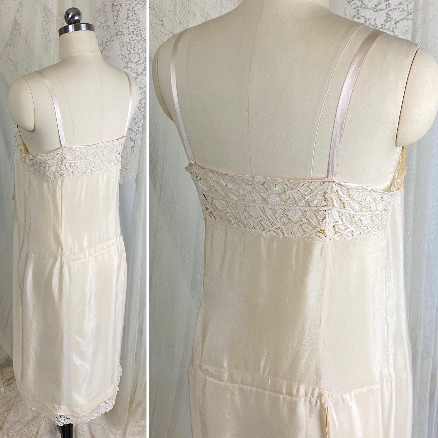 Vintage 1910's - 1920's Chemise - Ivory Silk with Floral Cotton Lace & Pink Silk Ribbon Floral Adornment - Size S, M - Daggers & Dames