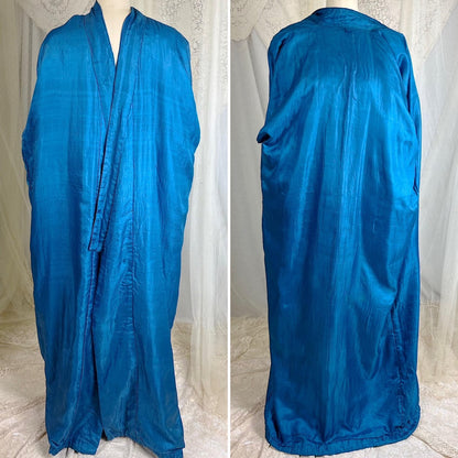 Vintage 1910's - 1920's Japanese Kimono Robe - Cobalt Blue Silk with Floral Embroidery & Fringe Sash - Size Free - Daggers & Dames