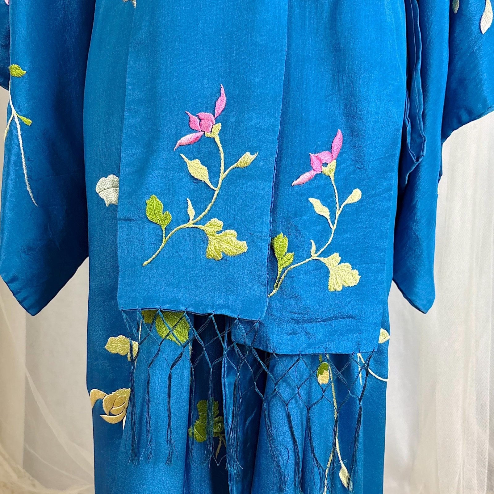 Vintage 1910's - 1920's Japanese Kimono Robe - Cobalt Blue Silk with Floral Embroidery & Fringe Sash - Size Free - Daggers & Dames