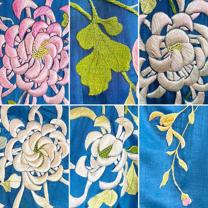 Vintage 1910's - 1920's Japanese Kimono Robe - Cobalt Blue Silk with Floral Embroidery & Fringe Sash - Size Free - Daggers & Dames