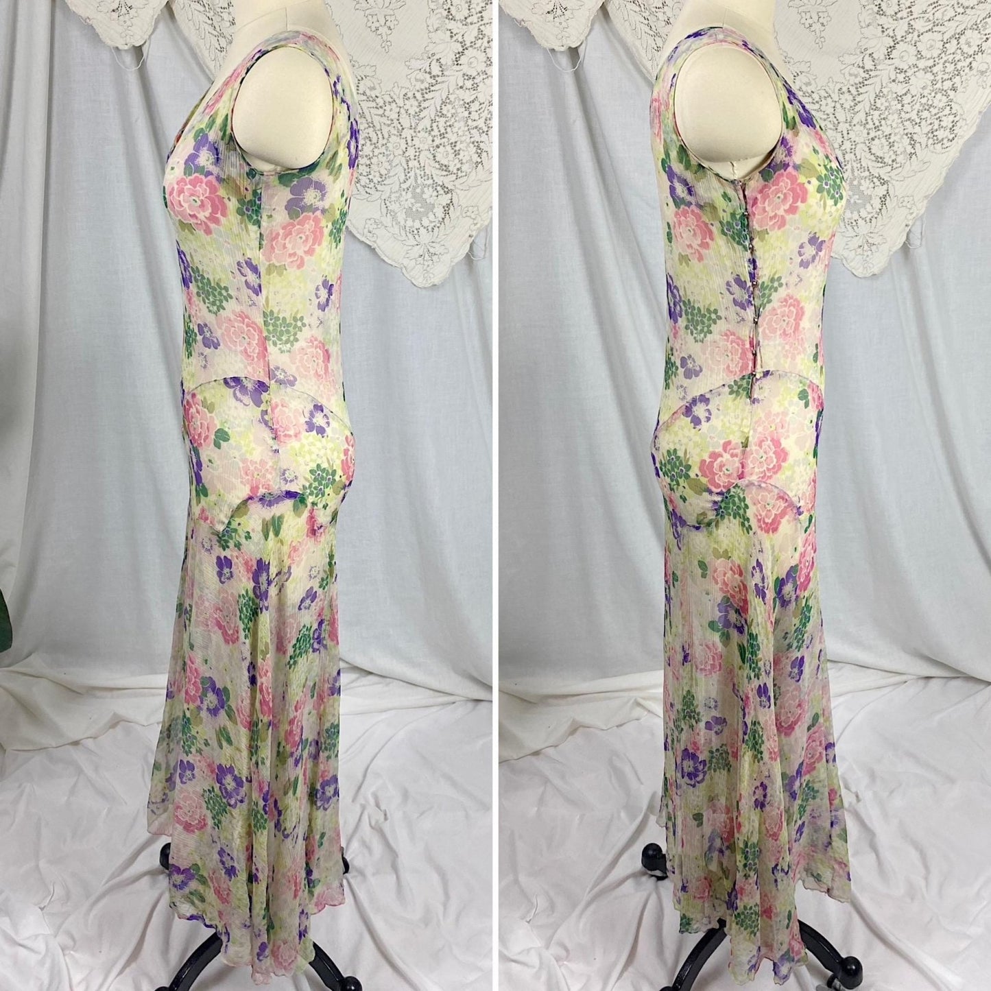 Vintage 1920's - 1930's Dress | Very Sheer Cream Silk Gauze with Bold Floral Print & Gored Skirt | Size XS - Daggers & Dames