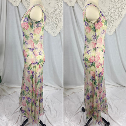 Vintage 1920's - 1930's Dress | Very Sheer Cream Silk Gauze with Bold Floral Print & Gored Skirt | Size XS - Daggers & Dames