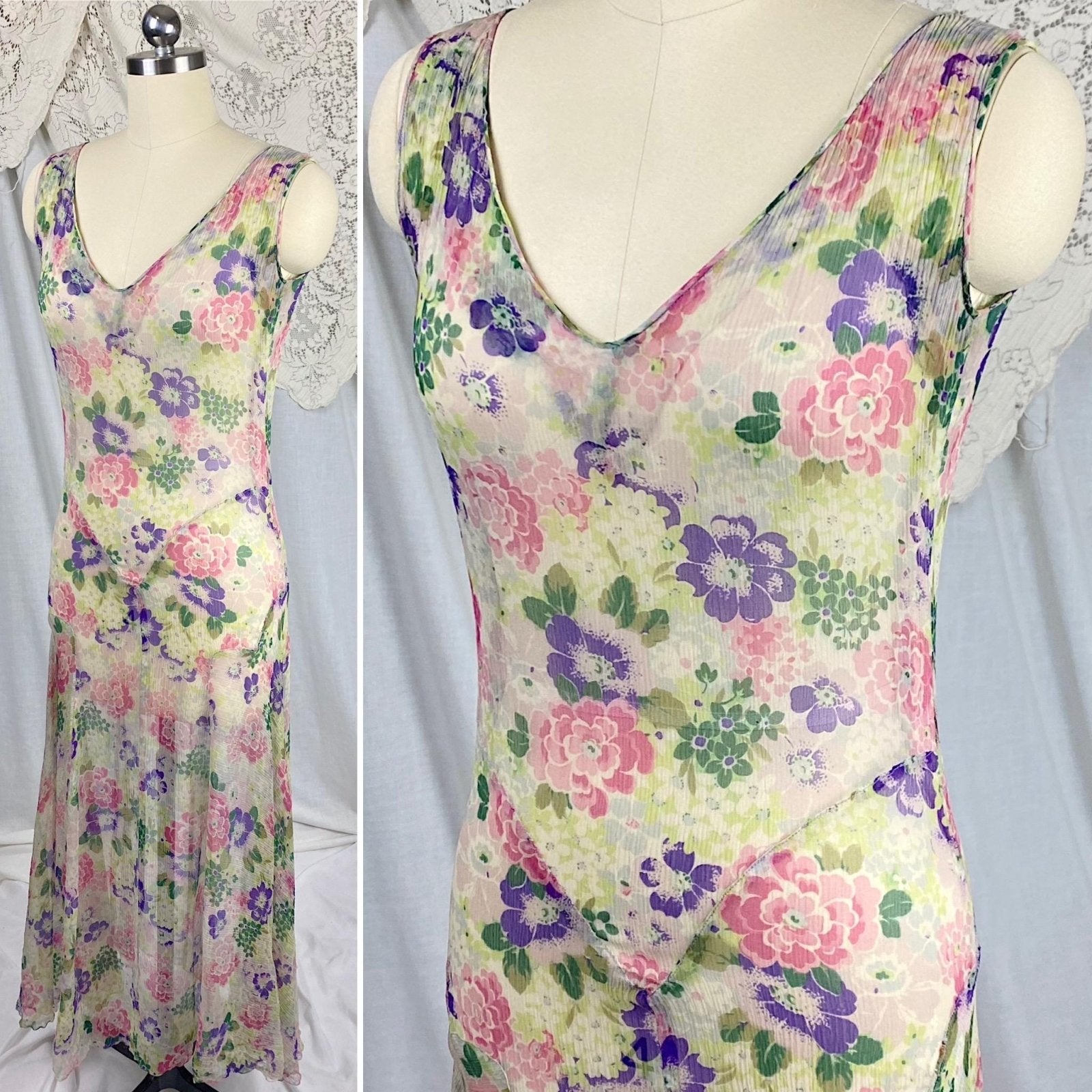 Vintage 1920's - 1930's Dress | Very Sheer Cream Silk Gauze with Bold Floral Print & Gored Skirt | Size XS - Daggers & Dames