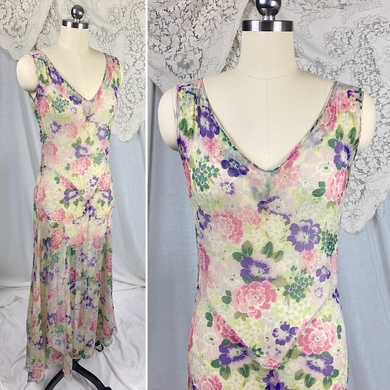 Vintage 1920's - 1930's Dress | Very Sheer Cream Silk Gauze with Bold Floral Print & Gored Skirt | Size XS - Daggers & Dames