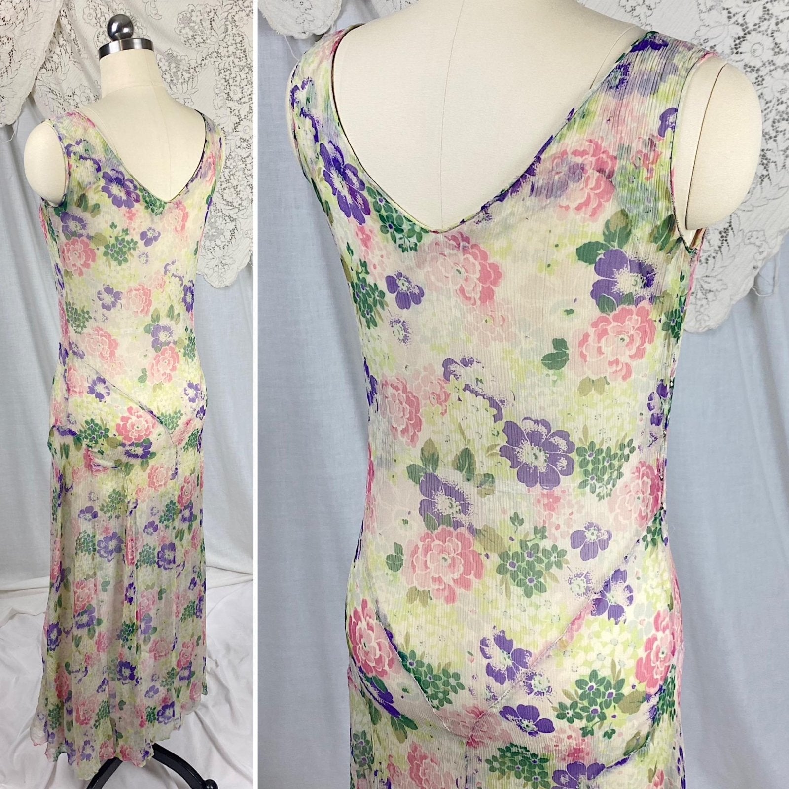 Vintage 1920's - 1930's Dress | Very Sheer Cream Silk Gauze with Bold Floral Print & Gored Skirt | Size XS - Daggers & Dames