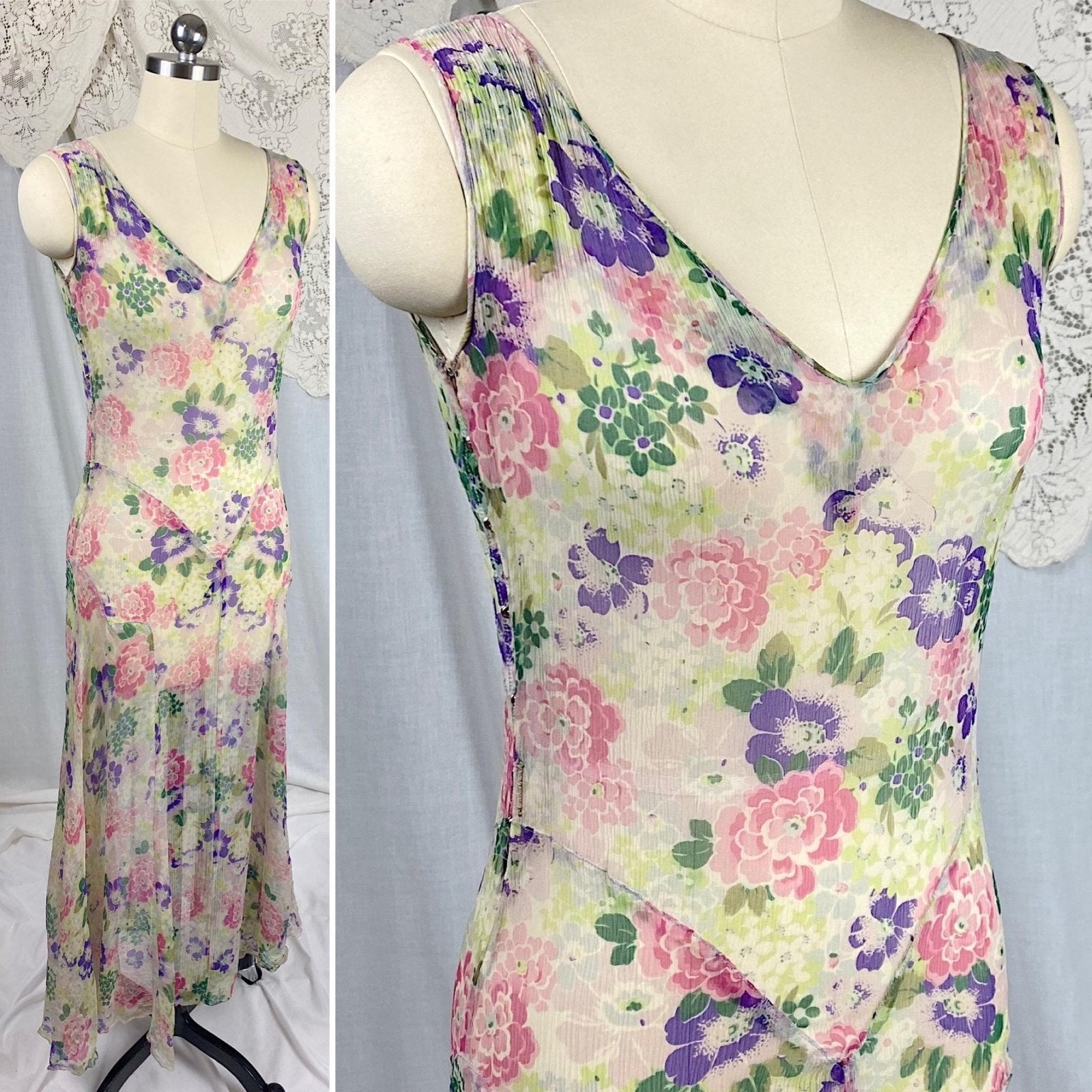 Vintage 1920's - 1930's Dress | Very Sheer Cream Silk Gauze with Bold Floral Print & Gored Skirt | Size XS - Daggers & Dames