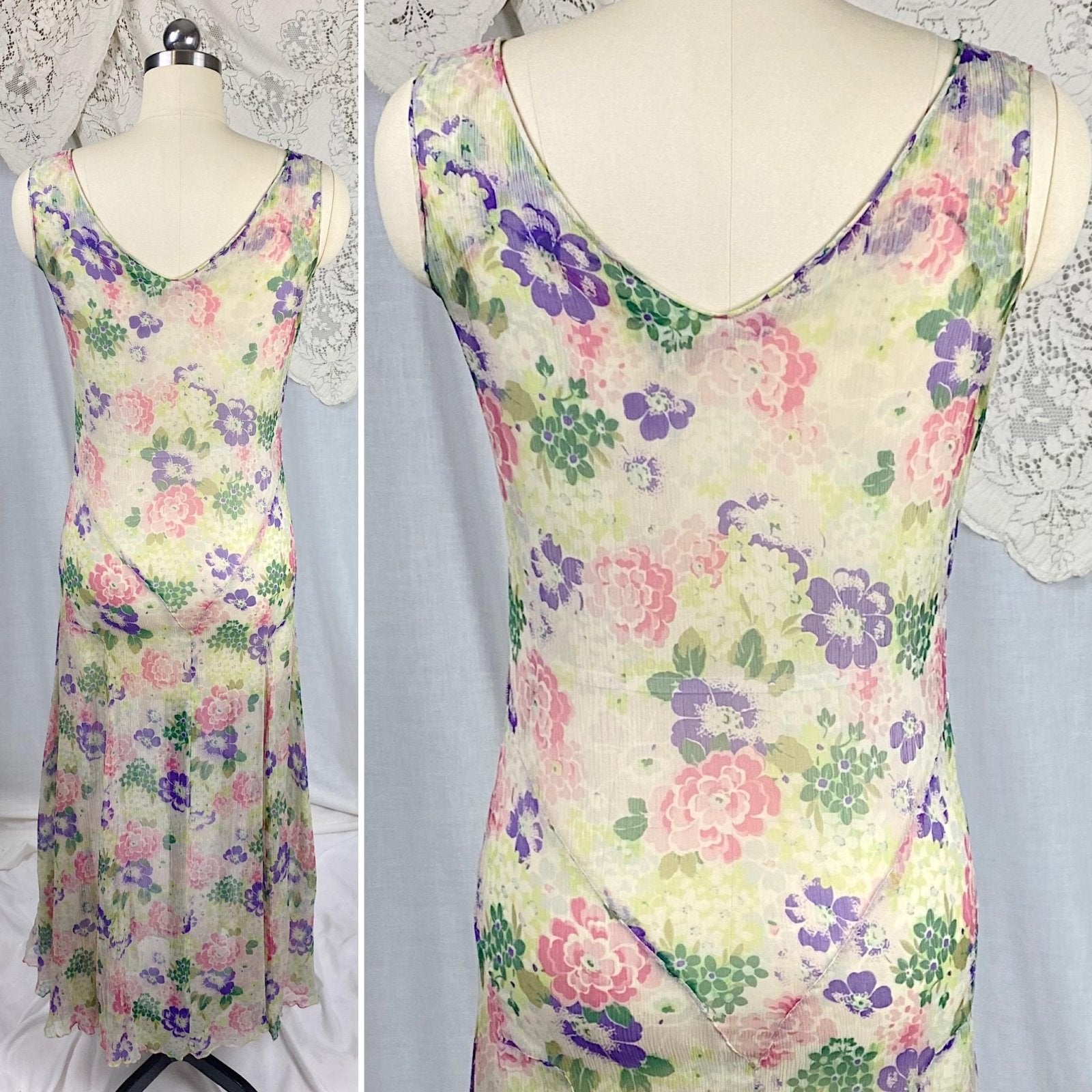 Vintage 1920's - 1930's Dress | Very Sheer Cream Silk Gauze with Bold Floral Print & Gored Skirt | Size XS - Daggers & Dames