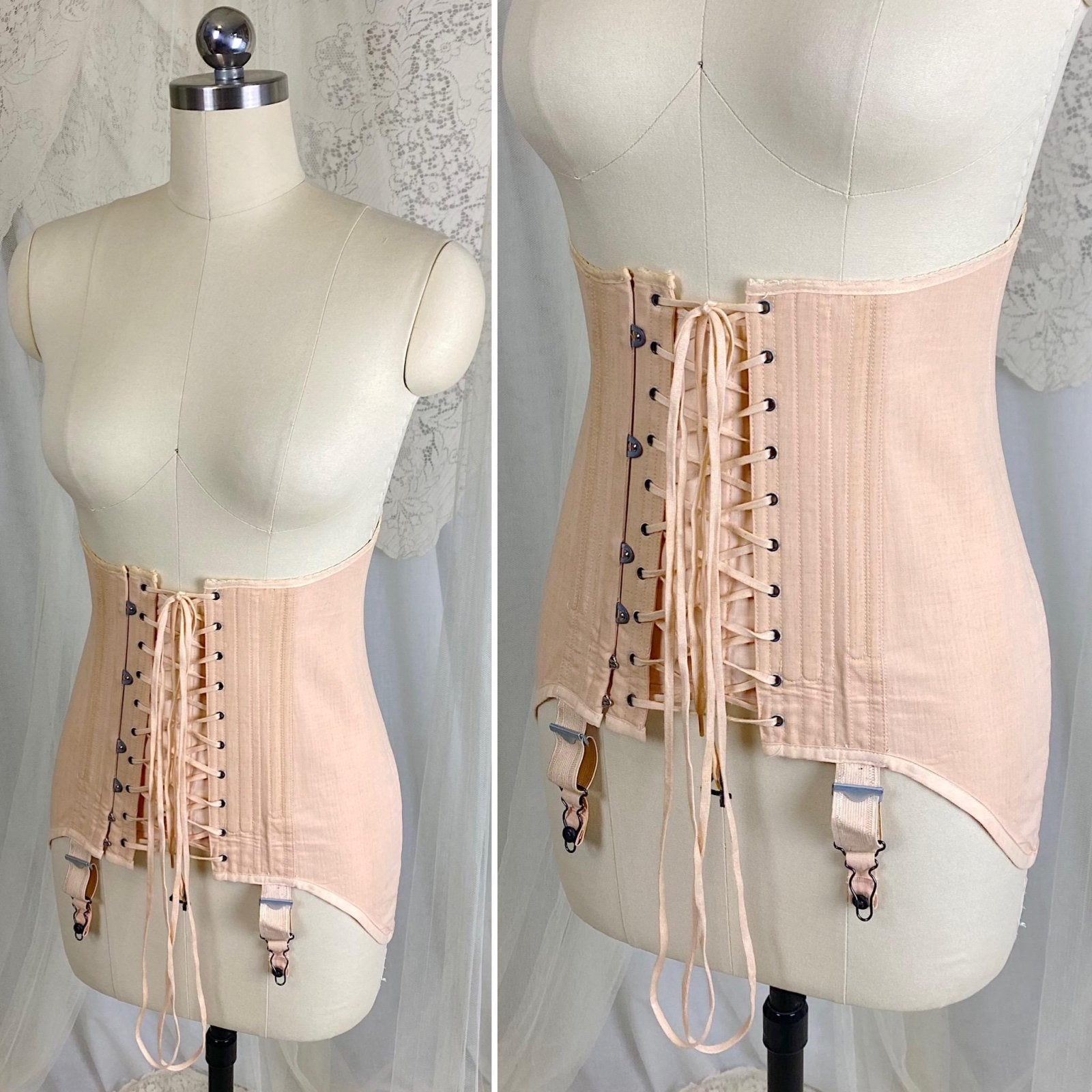 Vintage 1920's - 1930's Front Lacing Corset - Rich Peach Cotton Coutil with Decorative Hemstitching - Size XS, S - By Gossard - Daggers & Dames