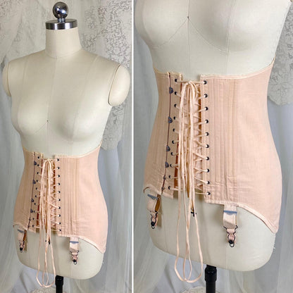 Vintage 1920's - 1930's Front Lacing Corset - Rich Peach Cotton Coutil with Decorative Hemstitching - Size XS, S - By Gossard - Daggers & Dames