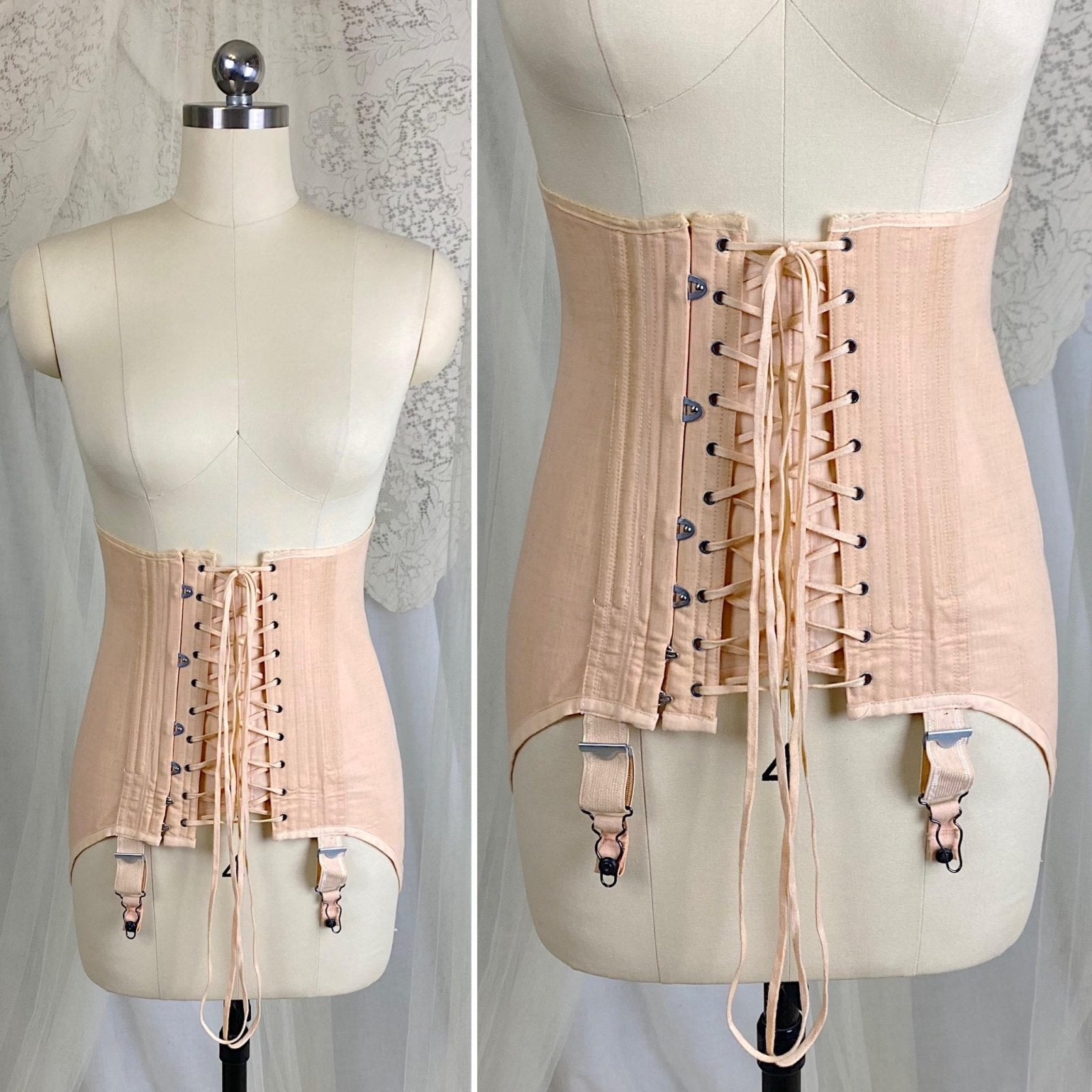 Vintage 1920's - 1930's Front Lacing Corset - Rich Peach Cotton Coutil with Decorative Hemstitching - Size XS, S - By Gossard - Daggers & Dames