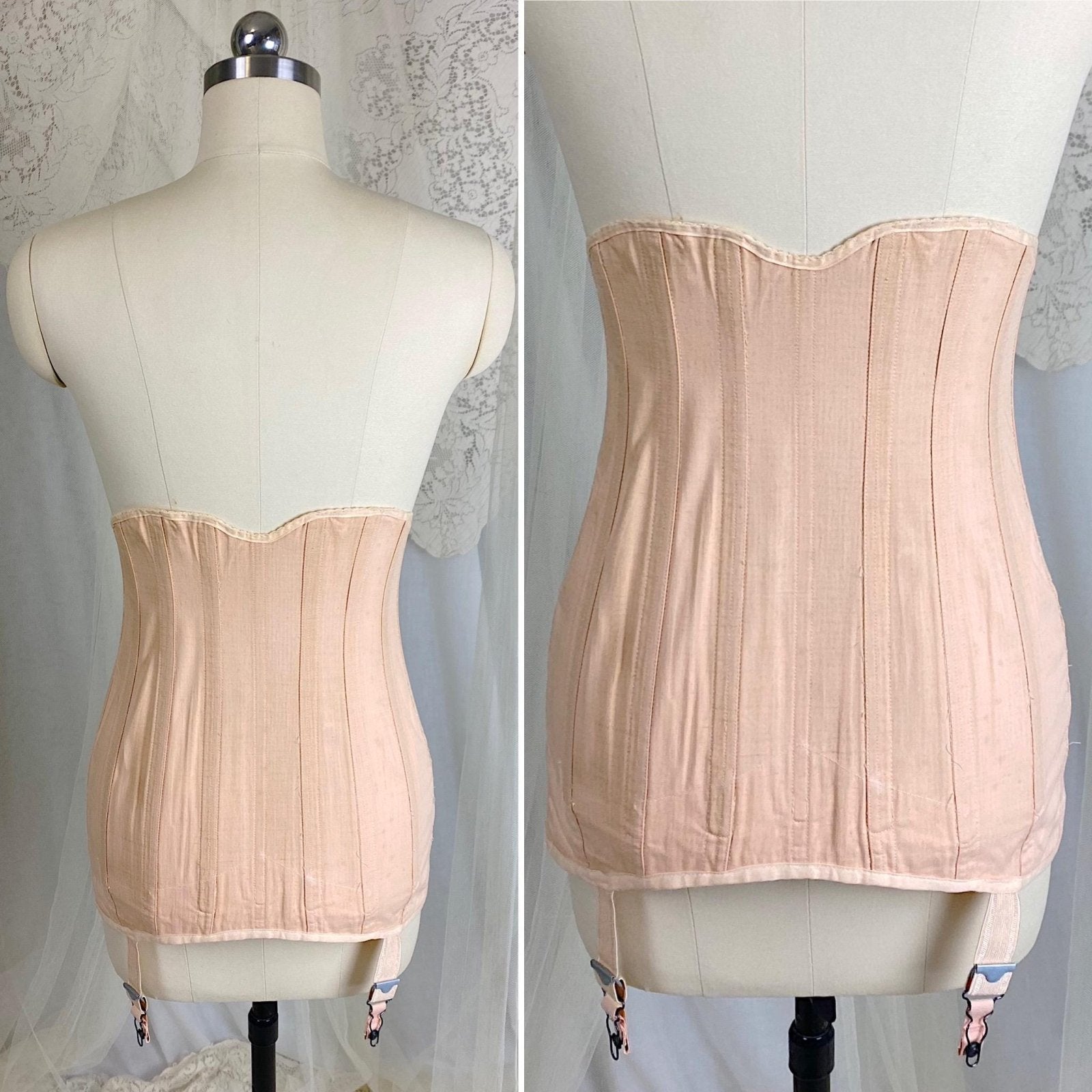 Vintage 1920's - 1930's Front Lacing Corset - Rich Peach Cotton Coutil with Decorative Hemstitching - Size XS, S - By Gossard - Daggers & Dames