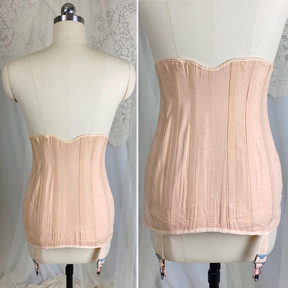 Vintage 1920's - 1930's Front Lacing Corset - Rich Peach Cotton Coutil with Decorative Hemstitching - Size XS, S - By Gossard - Daggers & Dames
