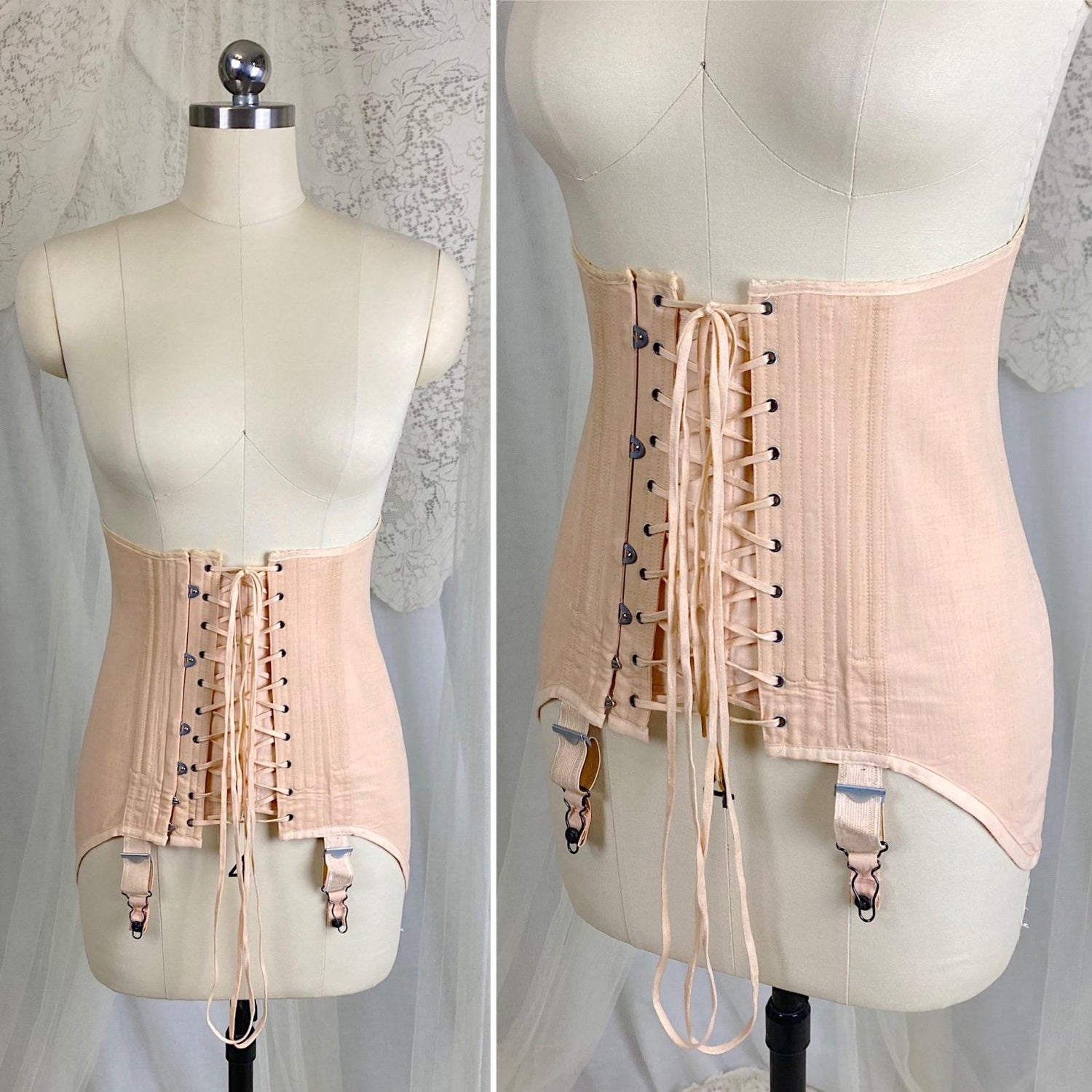 Vintage 1920's - 1930's Front Lacing Corset - Rich Peach Cotton Coutil with Decorative Hemstitching - Size XS, S - By Gossard - Daggers & Dames