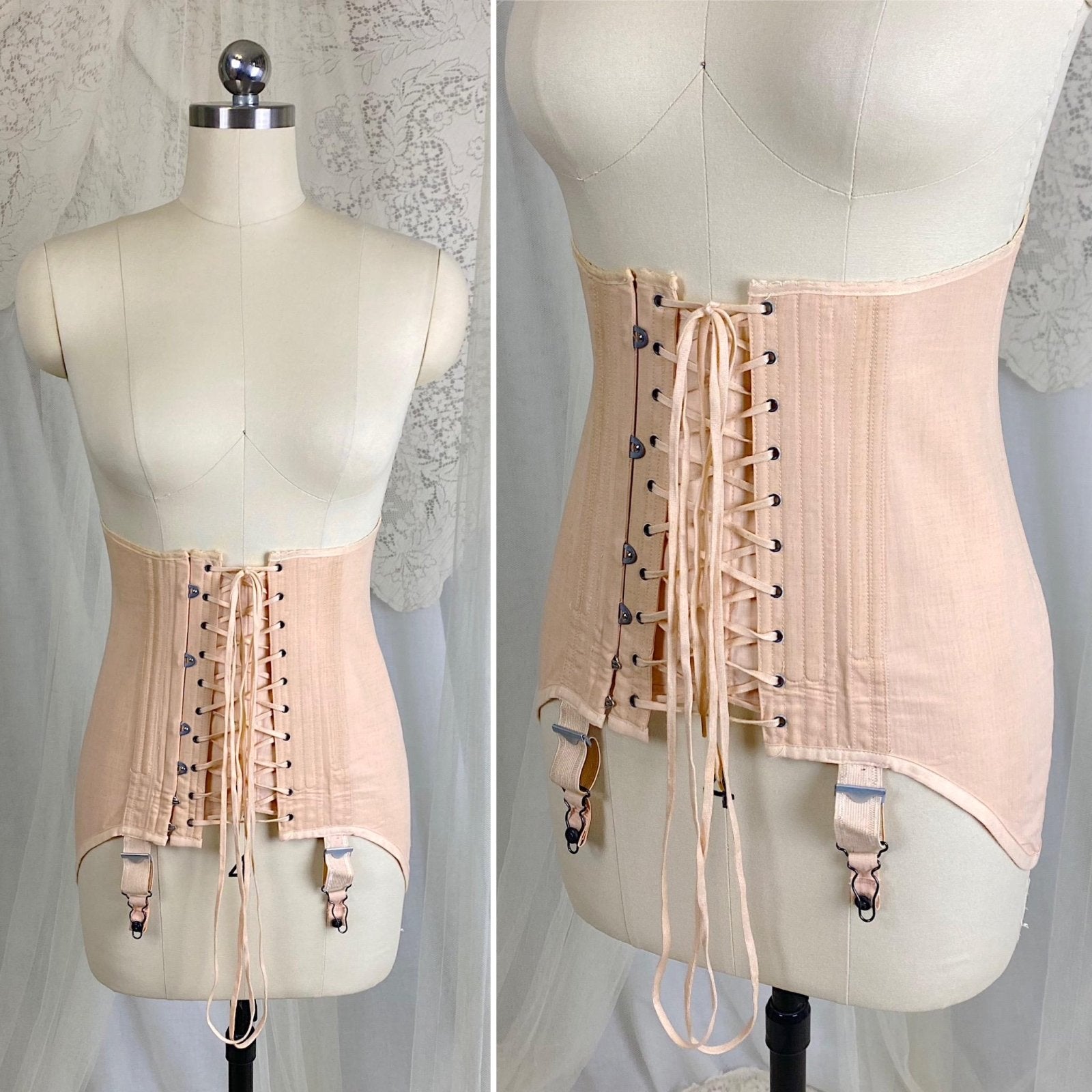 Vintage 1920's - 1930's Front Lacing Corset - Rich Peach Cotton Coutil with Decorative Hemstitching - Size XS, S - By Gossard - Daggers & Dames