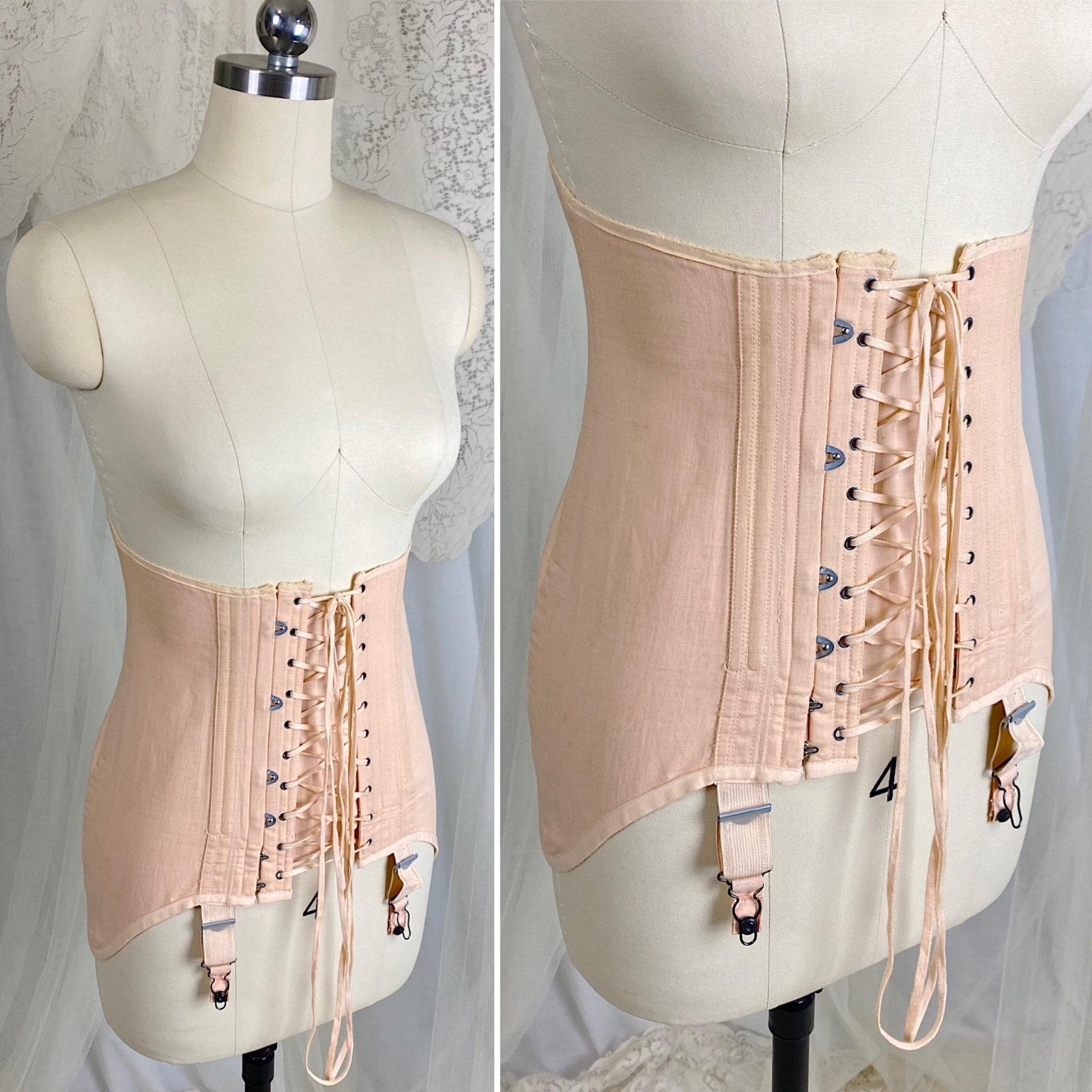 Vintage 1920's - 1930's Front Lacing Corset - Rich Peach Cotton Coutil with Decorative Hemstitching - Size XS, S - By Gossard - Daggers & Dames