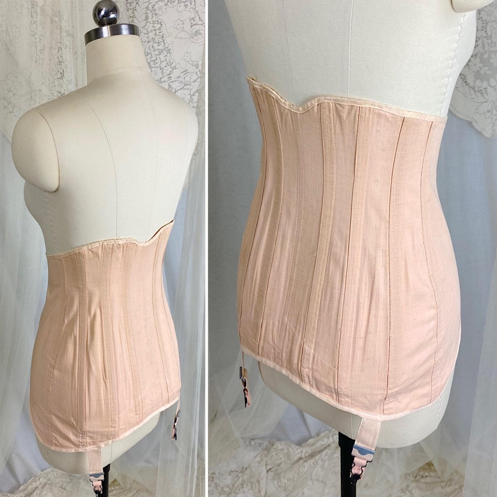 Vintage 1920's - 1930's Front Lacing Corset - Rich Peach Cotton Coutil with Decorative Hemstitching - Size XS, S - By Gossard - Daggers & Dames