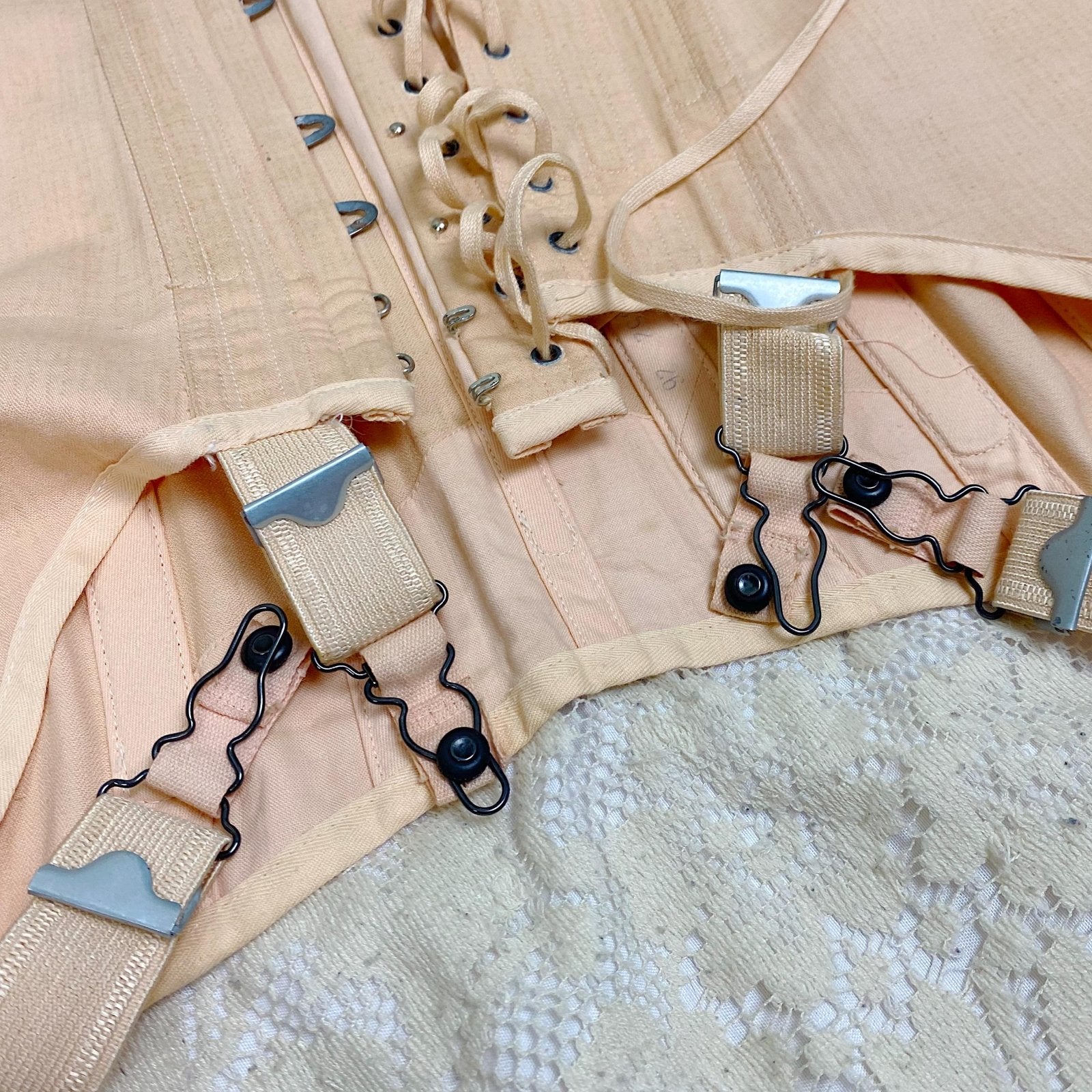 Vintage 1920's - 1930's Front Lacing Corset - Rich Peach Cotton Coutil with Decorative Hemstitching - Size XS, S - By Gossard - Daggers & Dames