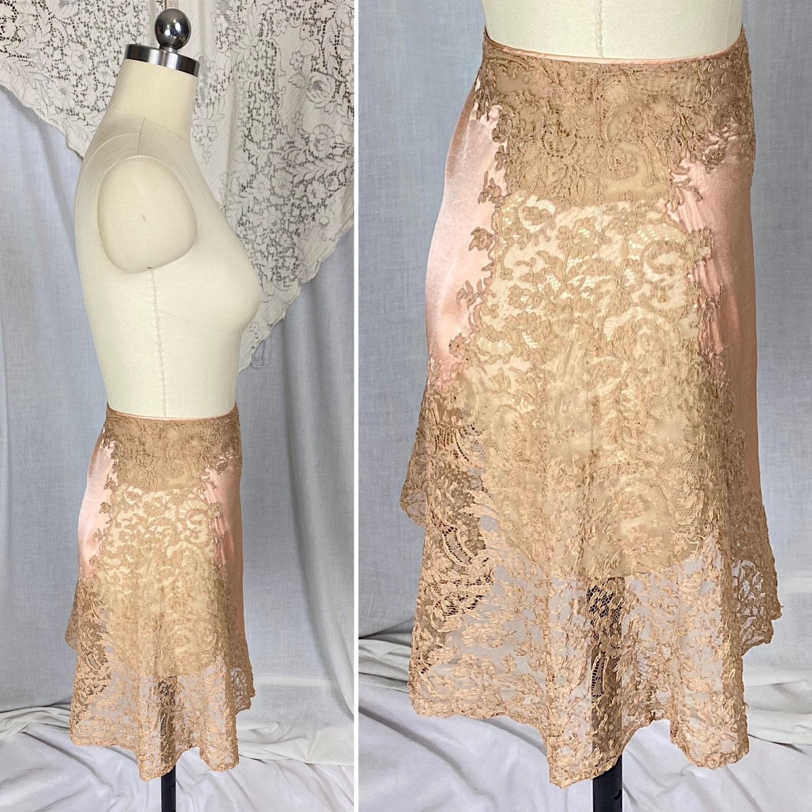 Vintage 1920's - 1930's Half Slip | Rich Blush Pink Heart Pattern Silk with Camel Brown Floral Alencon Lace | Size M, LG - Daggers & Dames