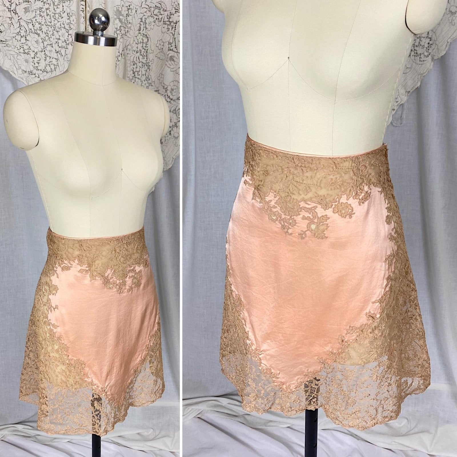 Vintage 1920's - 1930's Half Slip | Rich Blush Pink Heart Pattern Silk with Camel Brown Floral Alencon Lace | Size M, LG - Daggers & Dames