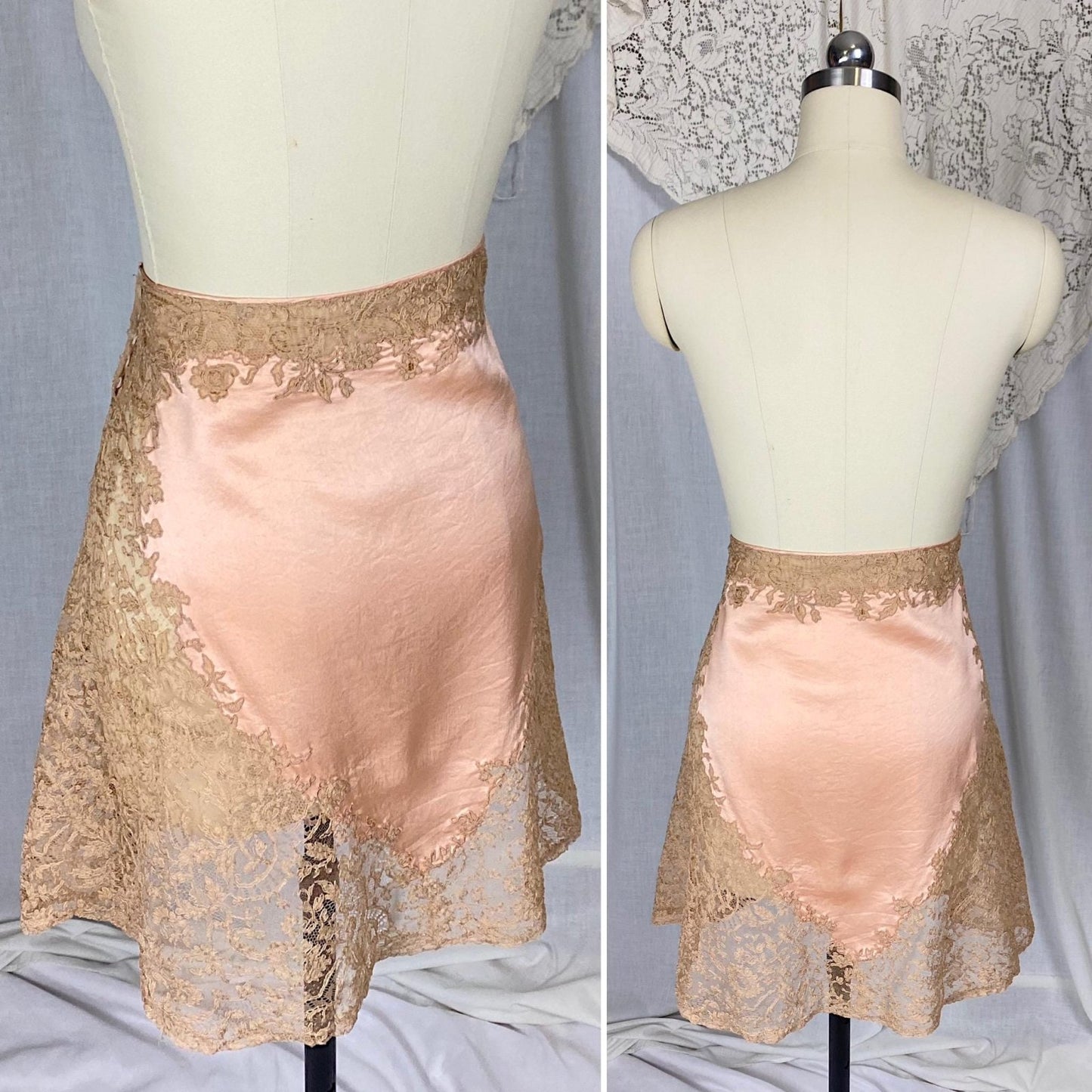 Vintage 1920's - 1930's Half Slip | Rich Blush Pink Heart Pattern Silk with Camel Brown Floral Alencon Lace | Size M, LG - Daggers & Dames