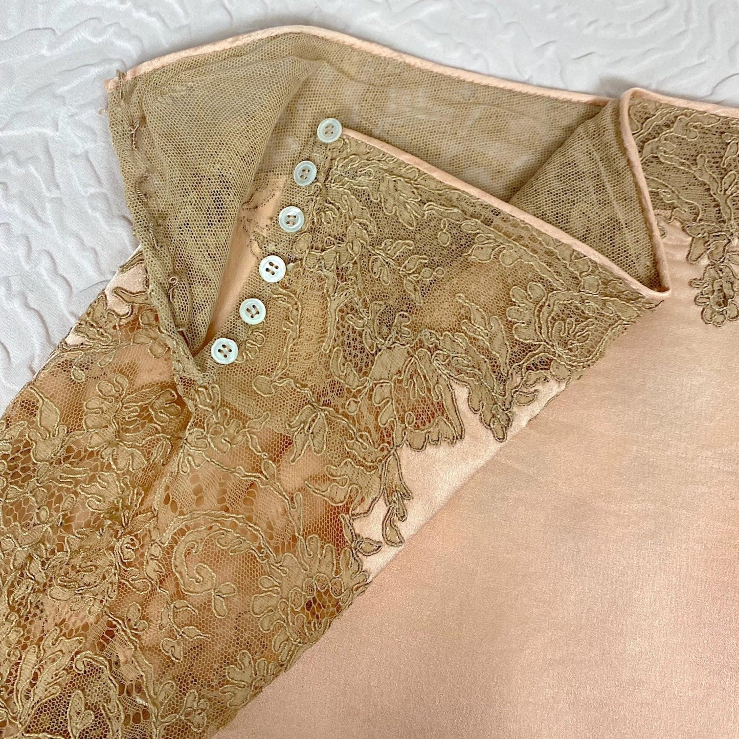Vintage 1920's - 1930's Half Slip | Rich Blush Pink Heart Pattern Silk with Camel Brown Floral Alencon Lace | Size M, LG - Daggers & Dames