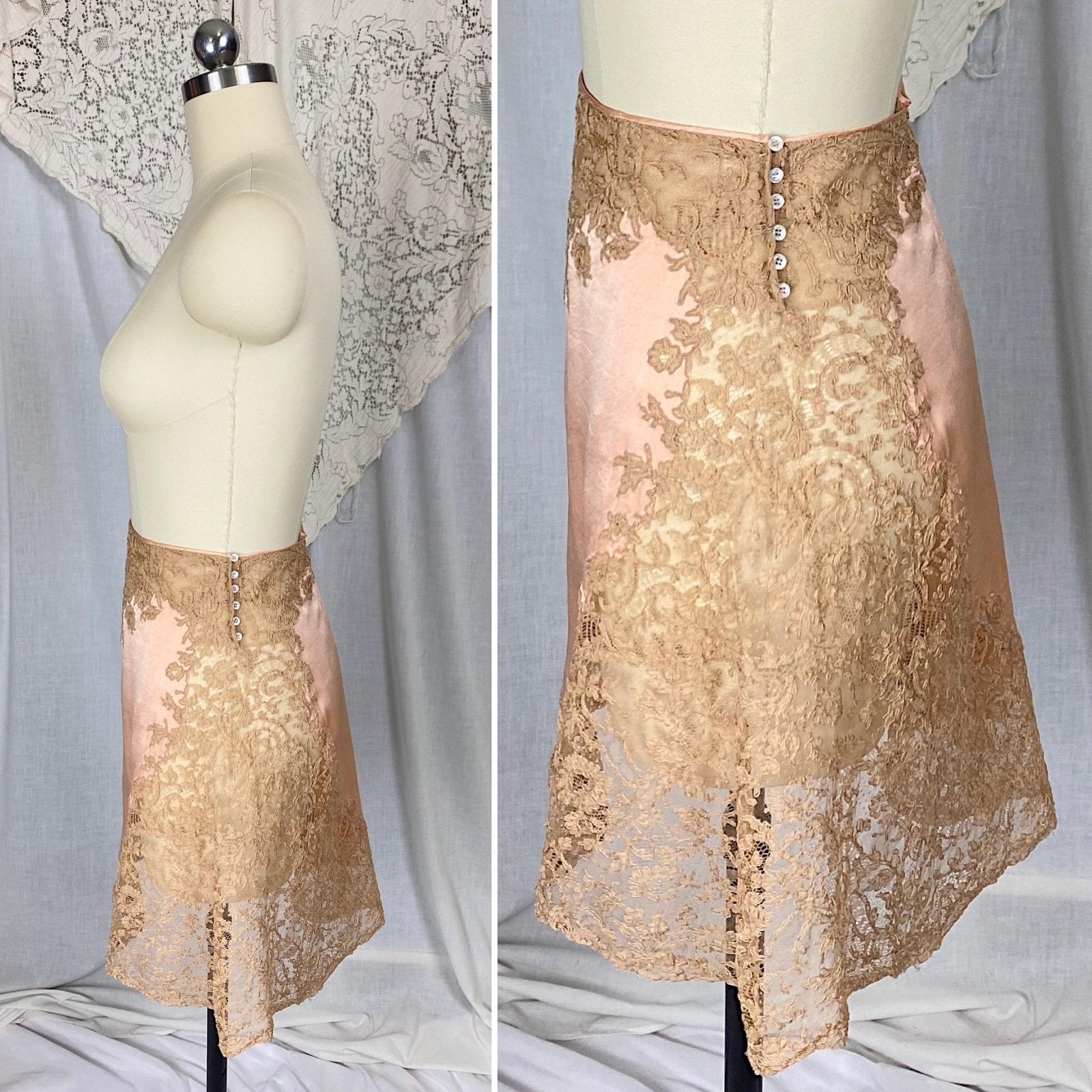 Vintage 1920's - 1930's Half Slip | Rich Blush Pink Heart Pattern Silk with Camel Brown Floral Alencon Lace | Size M, LG - Daggers & Dames