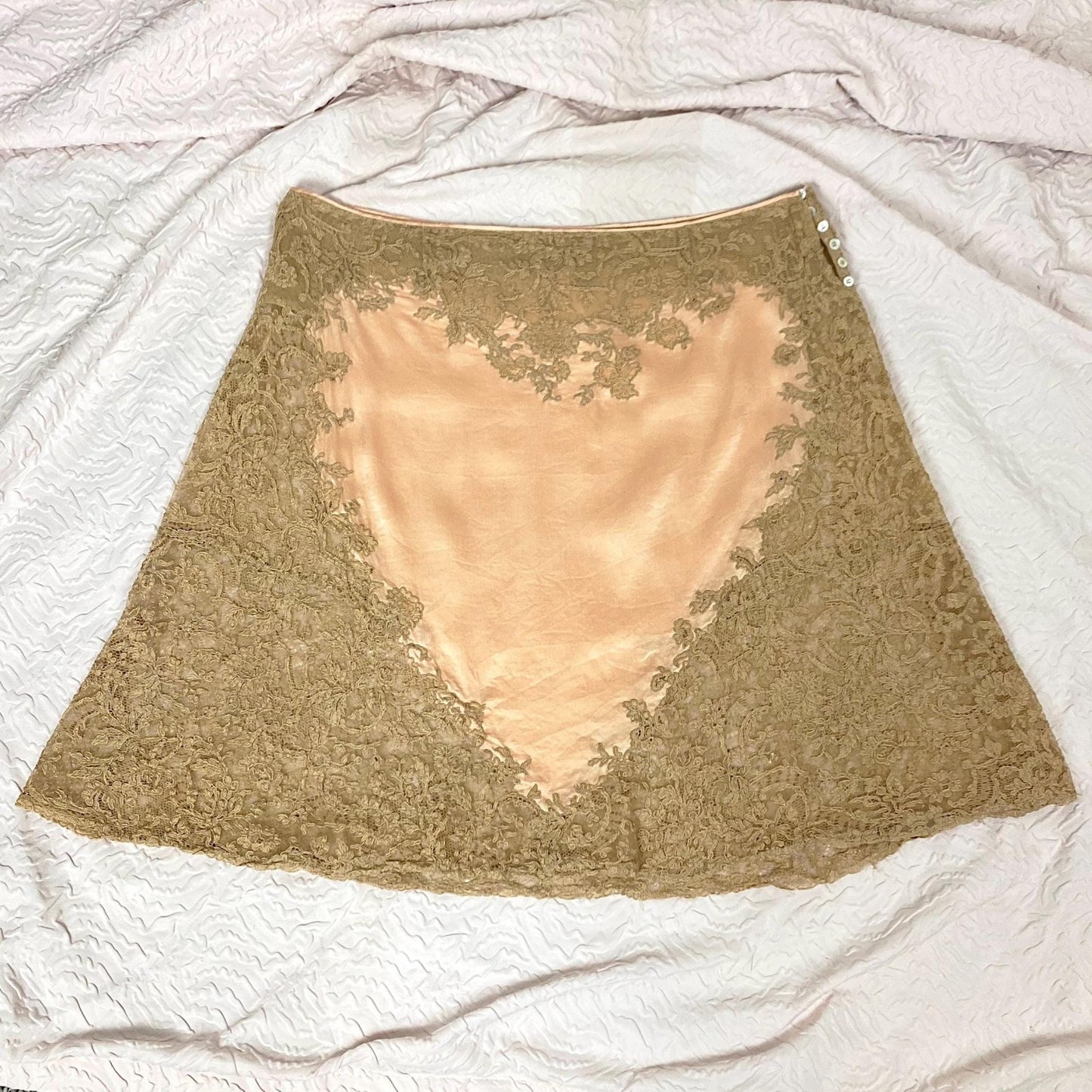 Vintage 1920's - 1930's Half Slip | Rich Blush Pink Heart Pattern Silk with Camel Brown Floral Alencon Lace | Size M, LG - Daggers & Dames