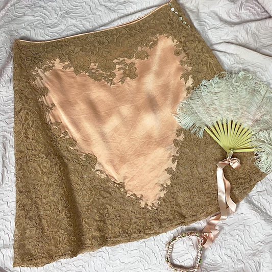 Vintage 1920's - 1930's Half Slip | Rich Blush Pink Heart Pattern Silk with Camel Brown Floral Alencon Lace | Size M, LG - Daggers & Dames