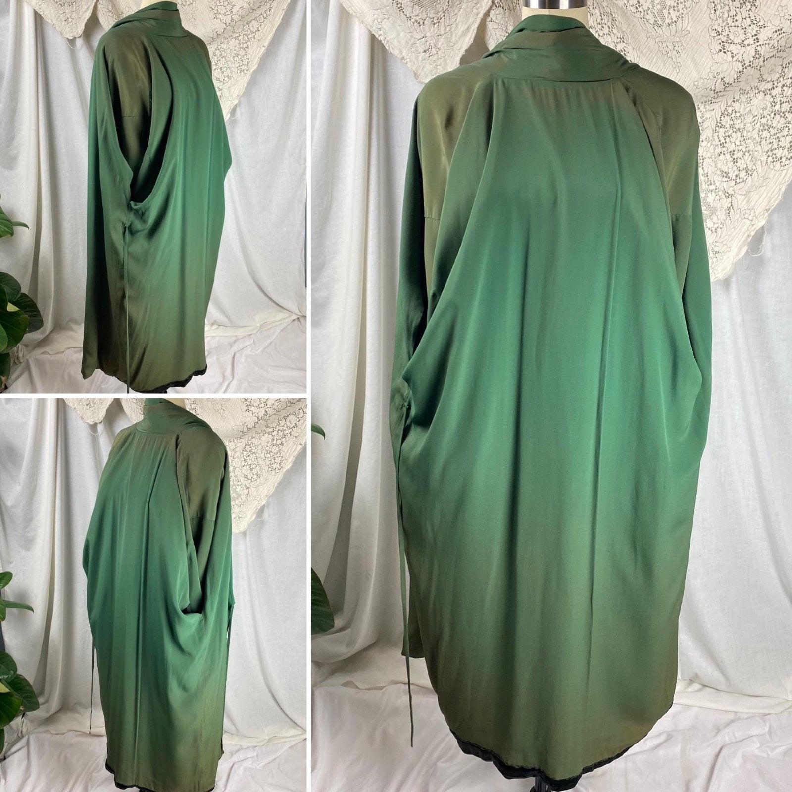 Vintage 1920's - 1930's Japanese Kimono Robe | Black Silk with Deep Green Silk Crepe Lining & Intricate Hand Embroidery | Size Free - Daggers & Dames