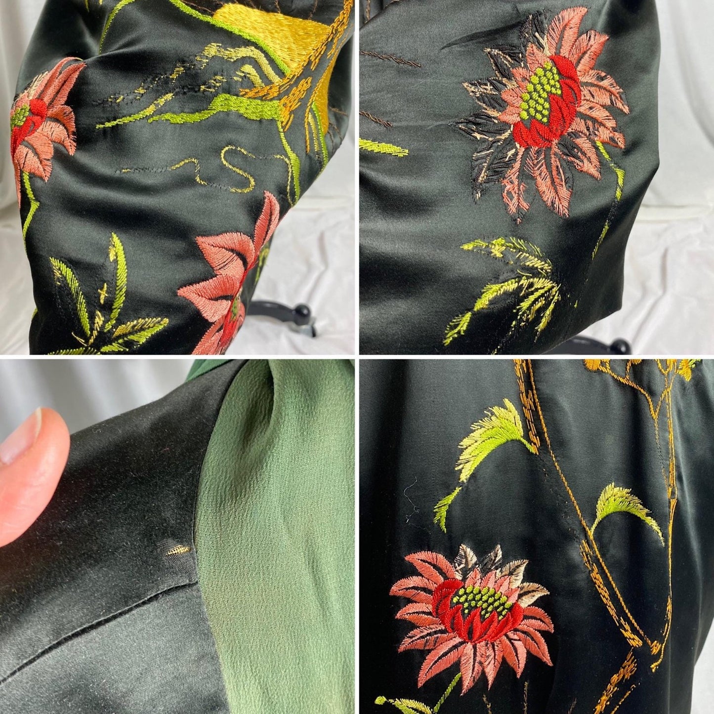 Vintage 1920's - 1930's Japanese Kimono Robe | Black Silk with Deep Green Silk Crepe Lining & Intricate Hand Embroidery | Size Free - Daggers & Dames