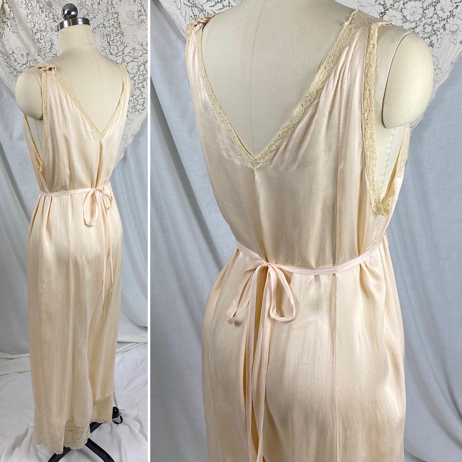 Vintage 1920's - 1930's Jumpsuit Pajamas | Pale Buttercream Silk with Ivory Floral Cotton Lace | Size M - Daggers & Dames