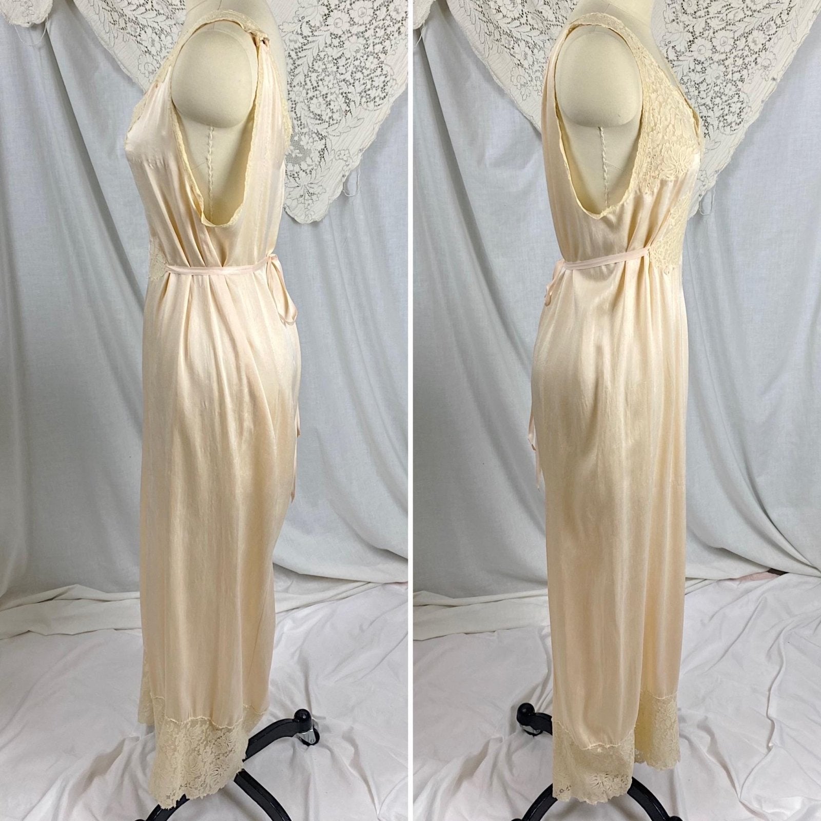 Vintage 1920's - 1930's Jumpsuit Pajamas | Pale Buttercream Silk with Ivory Floral Cotton Lace | Size M - Daggers & Dames